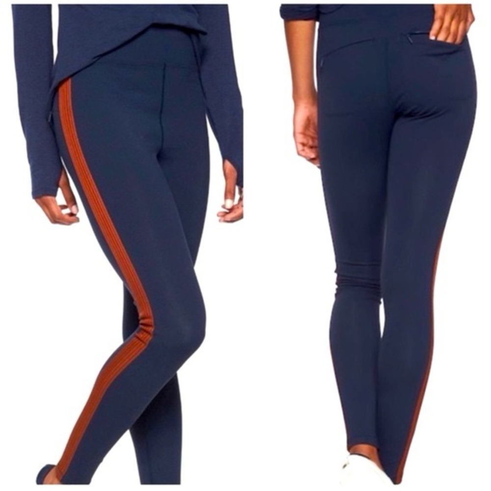 Athleta Navy Leggings with Brown Stripe